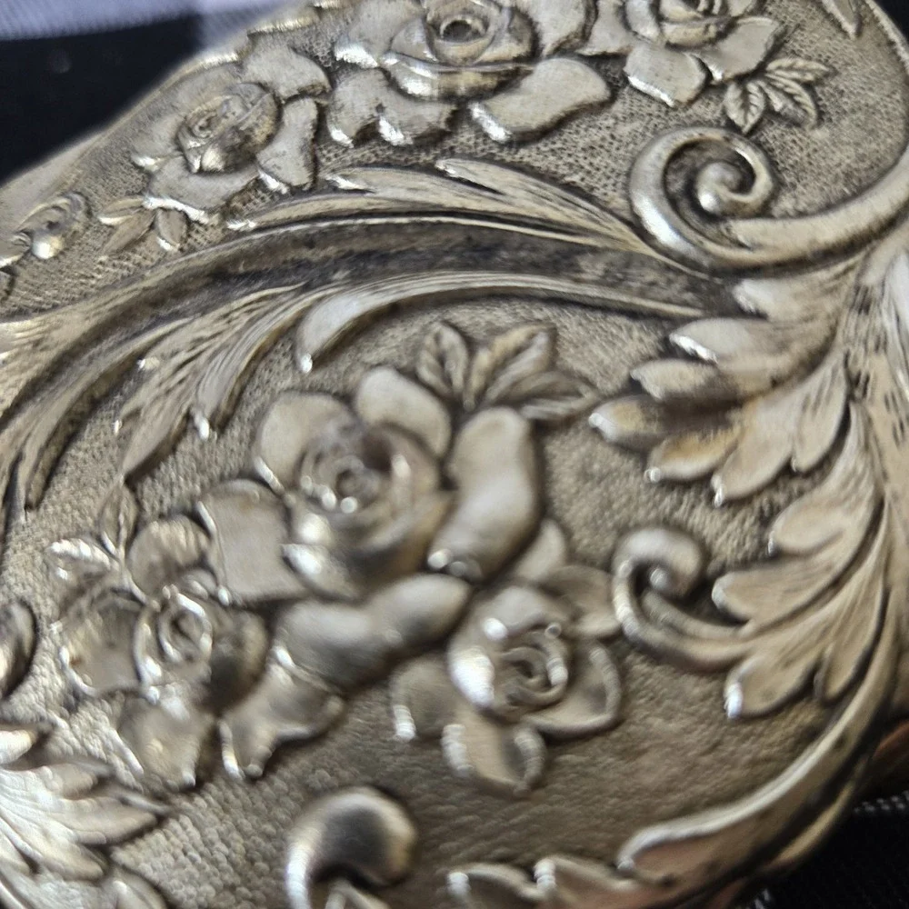 Silver Tone Hinged Trinket Jewelry Box Red Felt Lined Rose Pattern Made in Japan